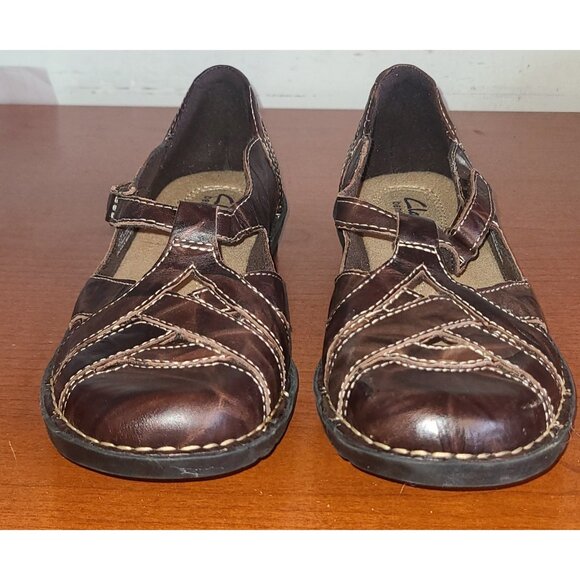Clarks Womens Shoes 7M Bendables Brown Leather Strap Flat Stitched - Picture 2 of 8